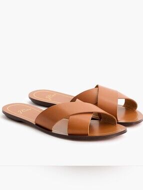 J.Crew Women Cyprus Leather Slide Sandals Brown Cross Strap Flat Size 10